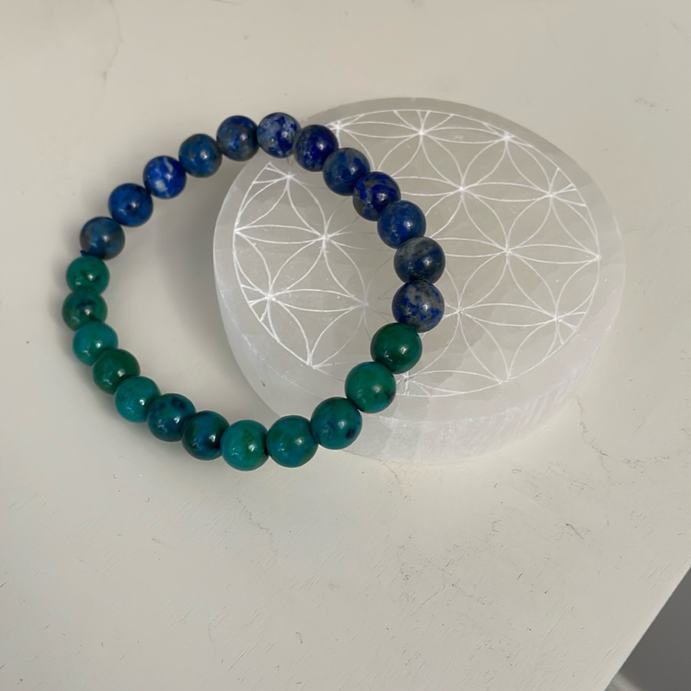 Selenite flower plate with Malachola and Azurite bracelet